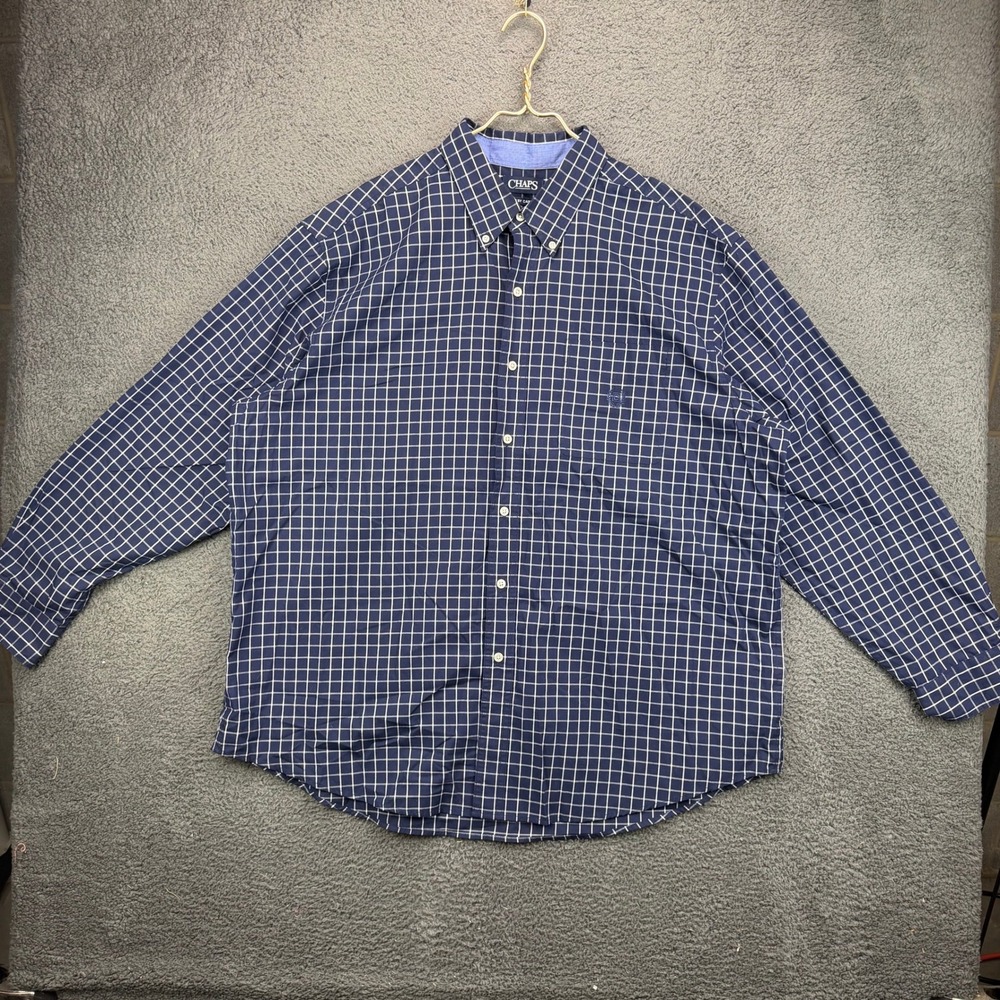 Chaps Mens 2XB Navy Windowpane‎ Check Easy Care Button Down Shirt Long Sleeve
